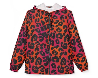 May include: A hooded jacket with a black leopard print on a red and orange gradient background. The jacket has a zipper closure and two pockets.