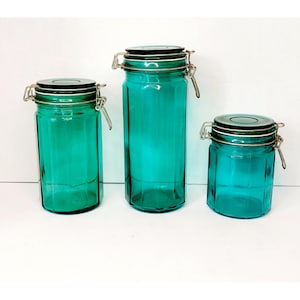 Vintage 3 Pc Teal Green Paneled Glass Wire Bale Kitchen Canister Set
