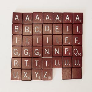 Vintage Red and White Scrabble Tiles, Wood Scrabble Tiles. Red with White Engraved Letters,  39 letters 2 blanks, Special Edition Scrabble