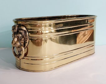 Vintage Brass Jardiniere Planter with Lion Head Handles 14.5” Oval Footless Brass Cachepot Made in India