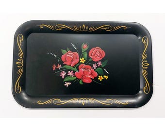 Vintage 1950s Black Hand-painted Floral Toleware serving tray