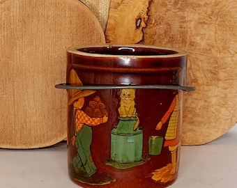 Vintage crock with hand painted boy girl and cat, 1940s cheese crock