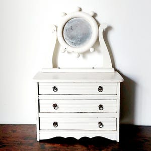 Vintage Mini Doll Painted Wooden Tabletop Doll Dresser Salesman Sample Dresser with round mirror