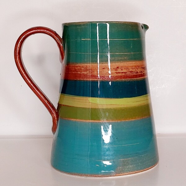 Vintage Italian Striped Pottery Pitcher Hand thrown and Handpainted