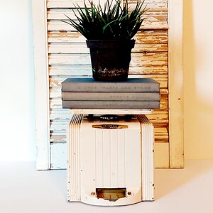 May include: An antique white Universal scale with a stack of gray books and a potted plant. The scale has a vintage design with a dial and a ribbed front. The books are stacked neatly on top of the scale.