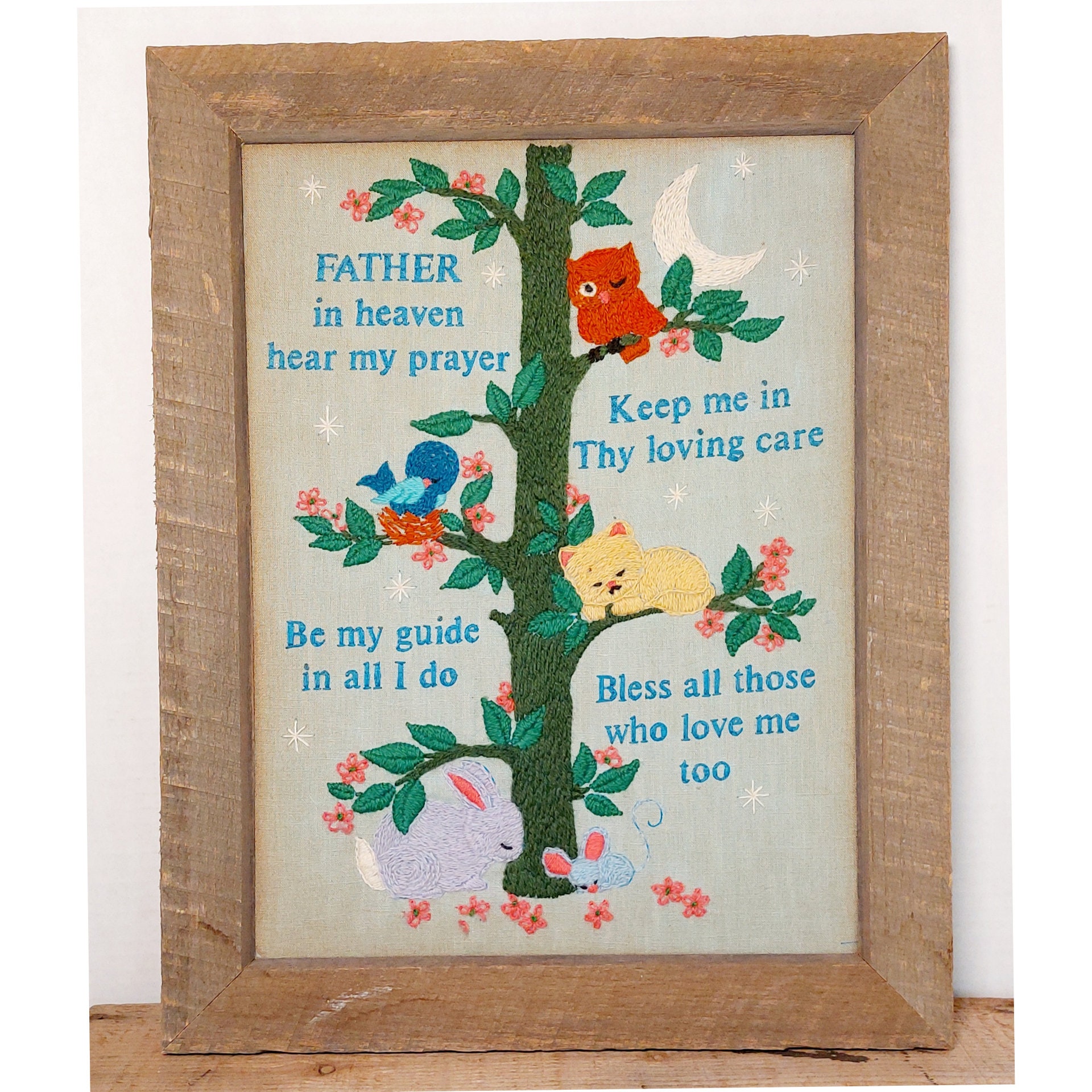 Vintage Crewel Wall Hanging Framed, Kids Bedtime Prayer, Woodland Creatures Religious Nursery Decor, 1980s