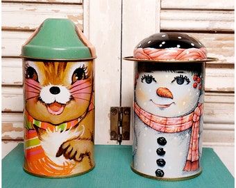 Vintage Daher Design CAP-TINS  Litho Tin made in England, CHOICE of Rabbit or Snowwoman Tin