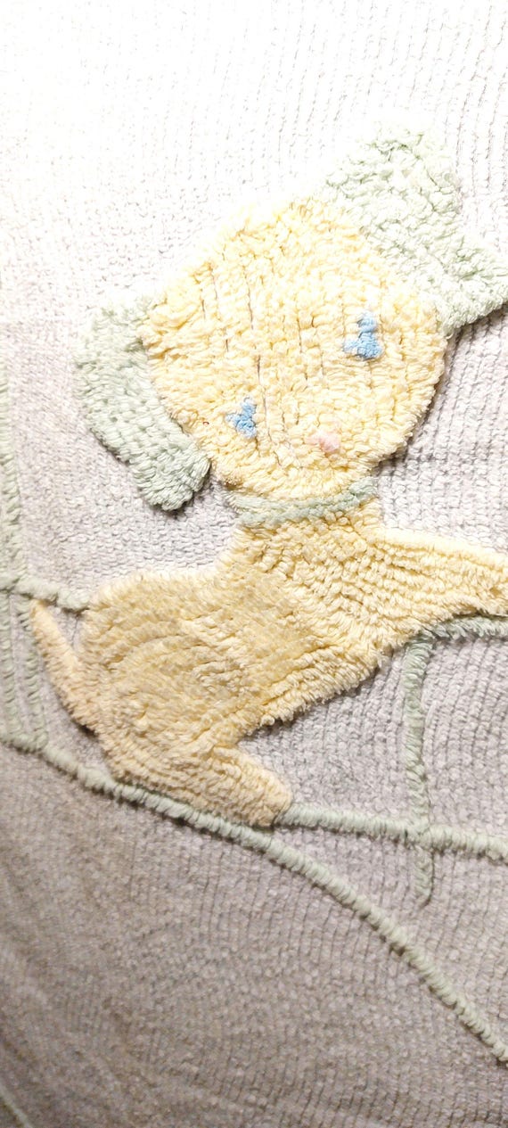 Vintage 1950's  Chenille Child's Bed Spread Baby Crib Blanket, Yellow and green puppy and Pink Lamp post