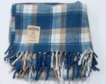 Vintage 1970s 1980s Faribault Woolen Mills  Plaid Throw, Stadium Blanket, Blue and tan