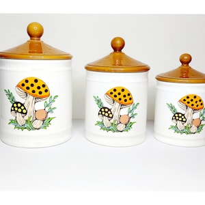 Vintage 1982 Sears Merry Mushroom Ceramic Canister Set of 3, made in Japan