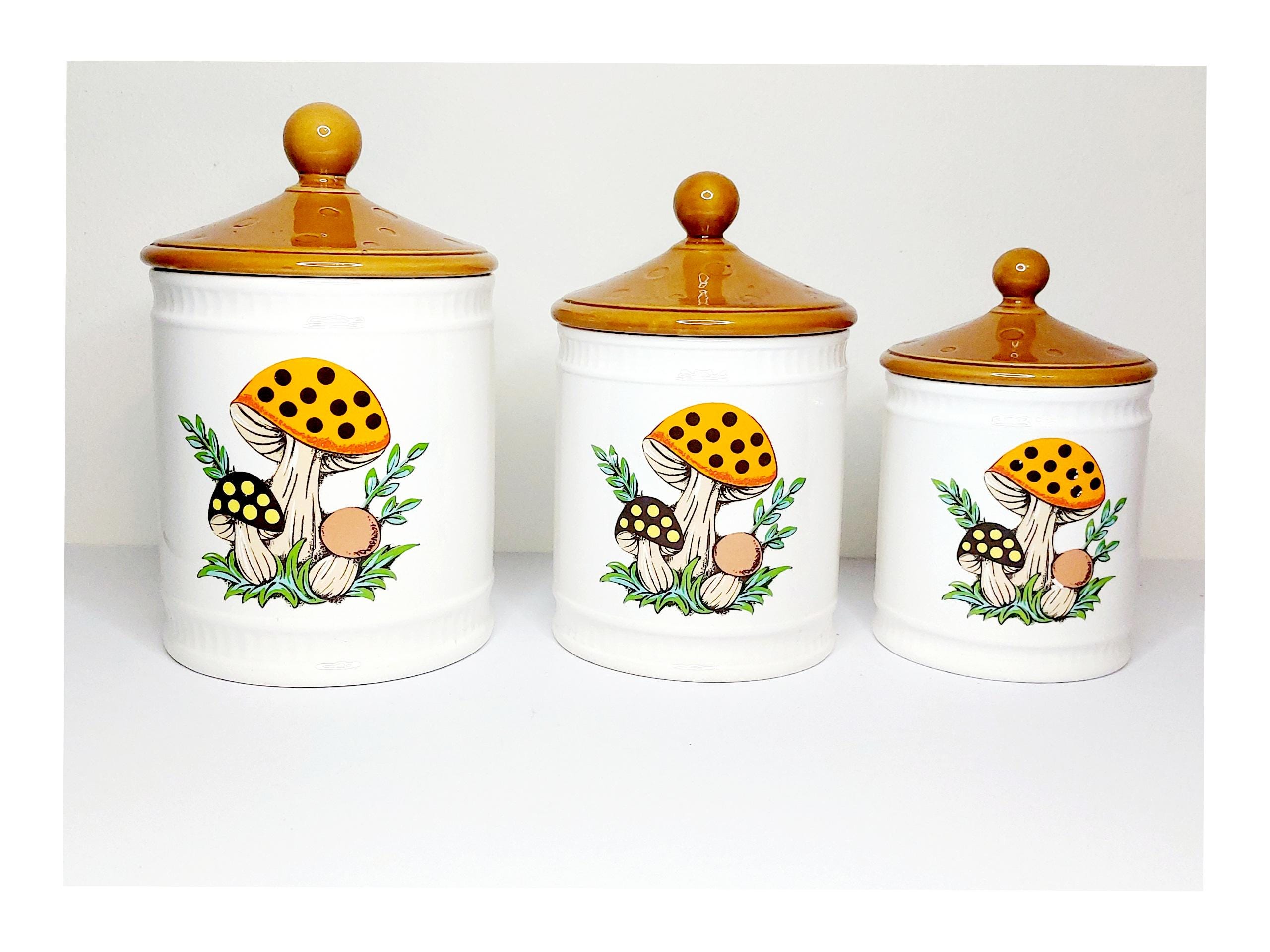 Vintage 1982 Sears Merry Mushroom Ceramic Canister Set of 3, Made