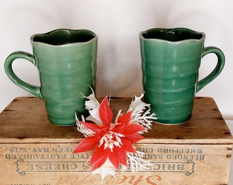 Vintage California Pottery Jade Green Coffee Mugs Scalloped Rim design set of 2