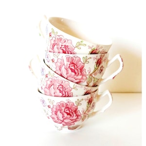 Vintage Johnson Brothers Rose Chintz Tea Cups, Pink Roses Teacups