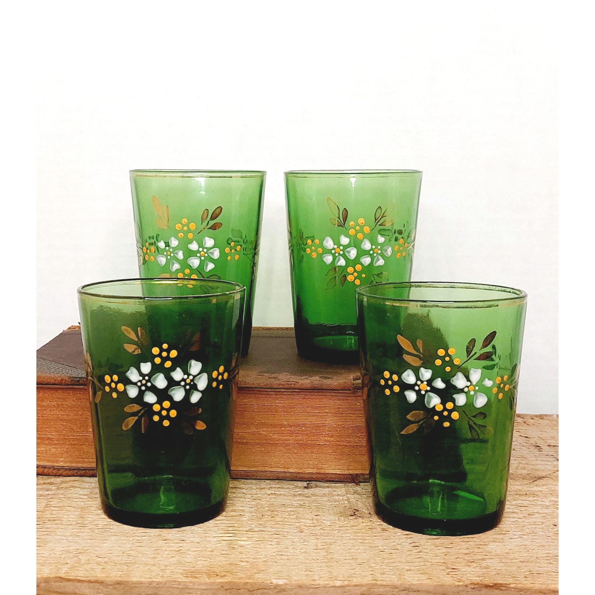 Rare Antique Victorian Tumblers Green Blown Glass White and Orange