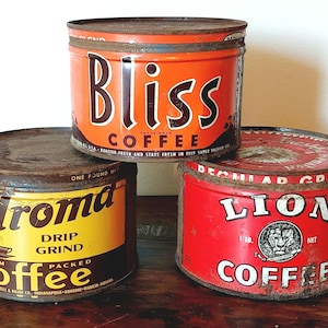Vintage 1940s Coffee Cans, Vintage Advertising,  Your CHOICE Aroma, Bliss, Lion