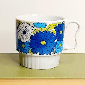 Vintage Flower Power Mug Blue Green Flowers made in Japan