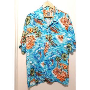 Vintage Mens Ocean Current Hawaiian shirt, XL, Water and palm tree design, 1990s
