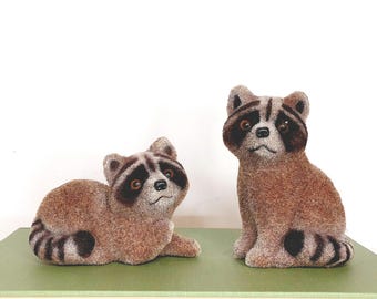 Midcentury Flocked Blow Mold Raccoon Standing and Laying made in Hong Kong, NEW old stock