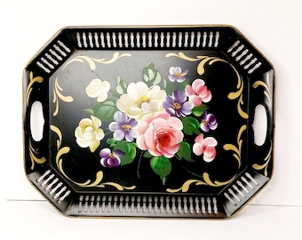 Vintage 1950s Large Hand-painted Floral Toleware Serving Tray With