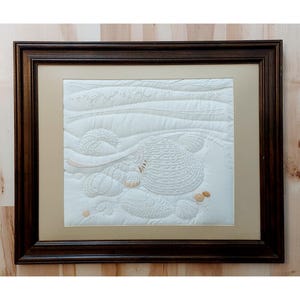 Vintage 1980s Handmade Natural Cotton Ecru Quilted Candlewicking Embroidered Seashell Fabric Wall Art Framed