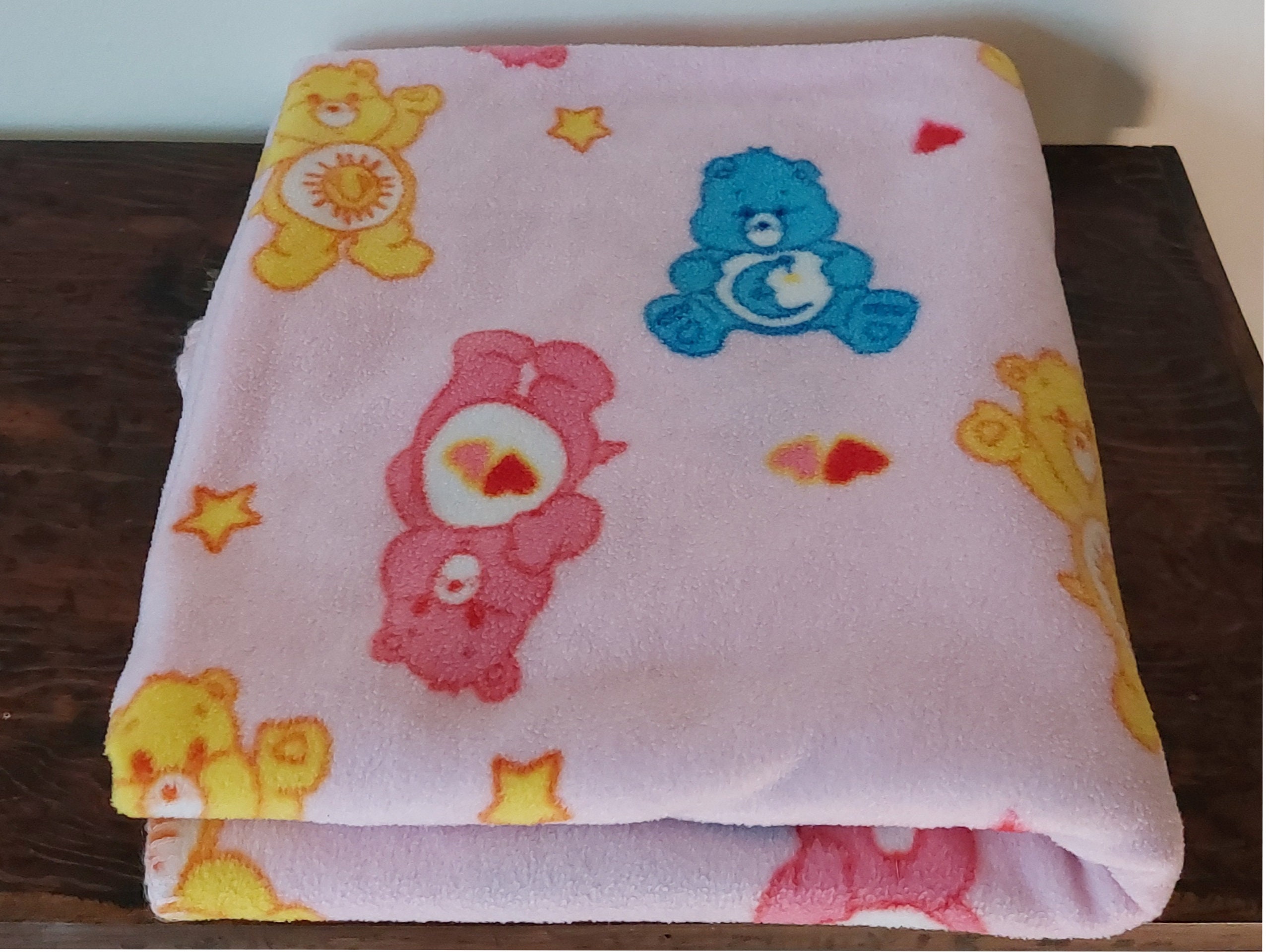 Vintage 2004 Care Bears Blanket Pink Light Fleece Pink, Yellow