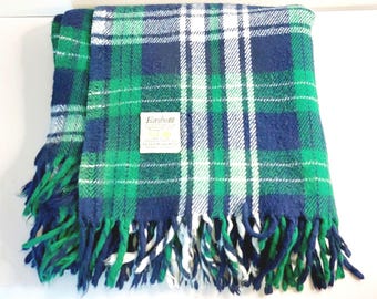 Vintage Faribo Plaid Throw, Stadium Blanket, Blue and green Plaid