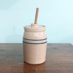 Vintage Hand Turned Stoneware Honey Pot Blue Stripes