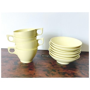 Vintage 1950s Melmac Melamine Yellow Cups and Bowls Set | Plastic Camping Dishes  Debonaire