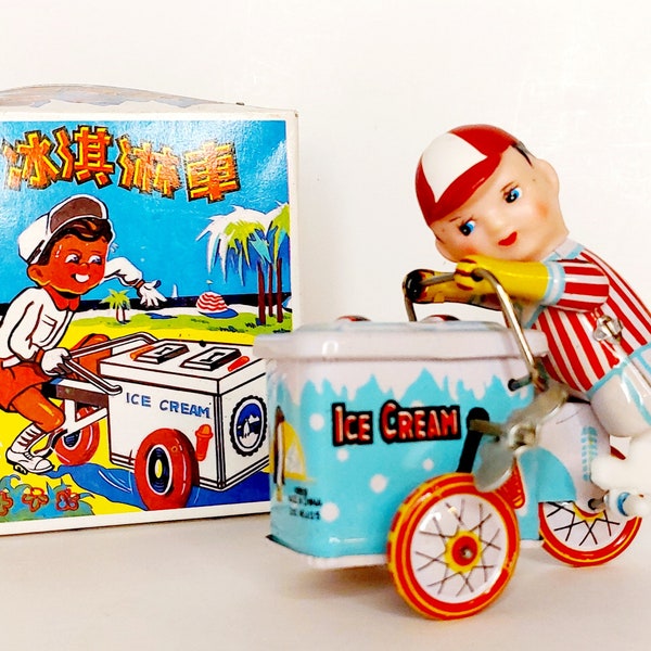 Vintage Tin Litho Mechanical Wind Up Ice Cream Vendor Cart Toy Tricycle Item #K7523 New open box