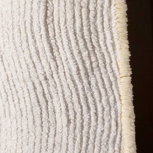 May include: White bath rug with a textured, wavy pattern and a cream-colored fringe border.