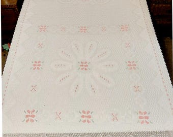 Vintage Midcentury 1950s Chenille Fringe Bedspread Full/Queen White with Pink and Green