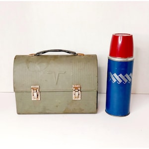 Vintage Thermos Brand Gray Metal Lunch Box with original Red Blue Thermos Bottle