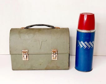 Vintage Thermos Brand Gray Metal Lunch Box with original Red Blue Thermos Bottle