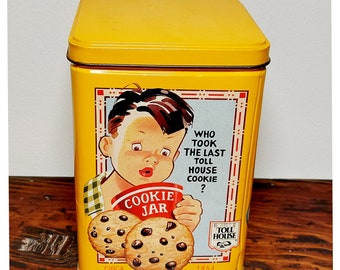 Vintage Yellow Nestle Toll House Cookie Tin can with Lid & Recipe, 1990s