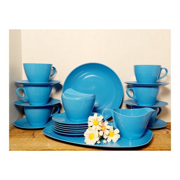 Vintage Blue Melamine 23 piece set, 1950s coffee cups saucers sugar bowl creamer tray plates serving bowl