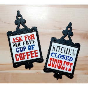 Vintage Kitschy Kitchen Trivets, Set of 2 1970s Ceramic Metal Trivets