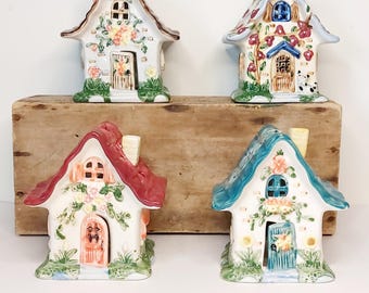 Vintage International Silver Company Fairy Cottage ceramic tea light candle holders set of 4