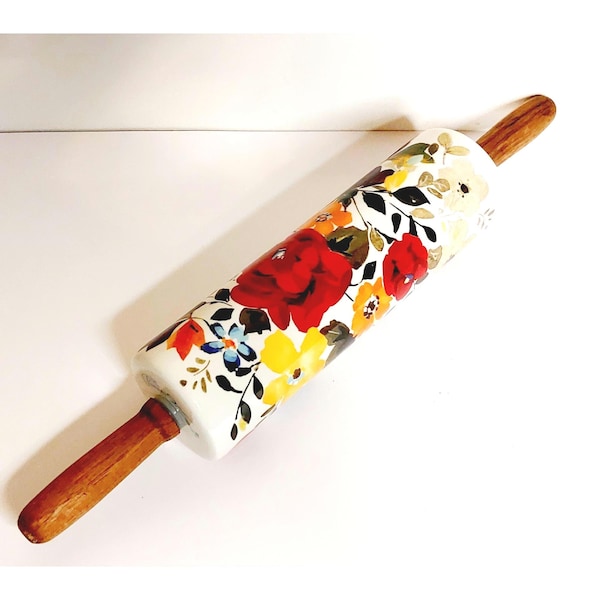 The Pioneer Woman "TIMELESS FLORAL" Ceramic Rolling Pin  with Acadia Wood Handles