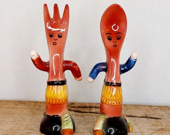 Vintage 1950's Anthropomorphic Fork & Spoon Salt and Pepper Shakers Japan