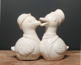 Vintage White Ceramic Kissing Ducks Salt and Pepper Shakers One Piece