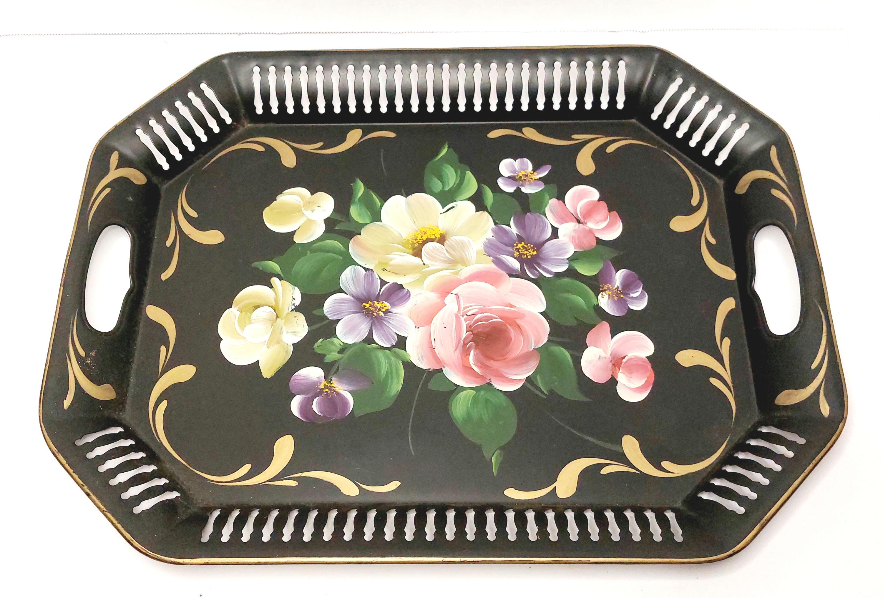 Vintage 1950s Large Hand-painted Floral Toleware Serving Tray With