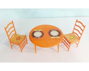 Vintage Midcentury 1970s Barbie Surprise House  signature orange drop leaf table and chairs