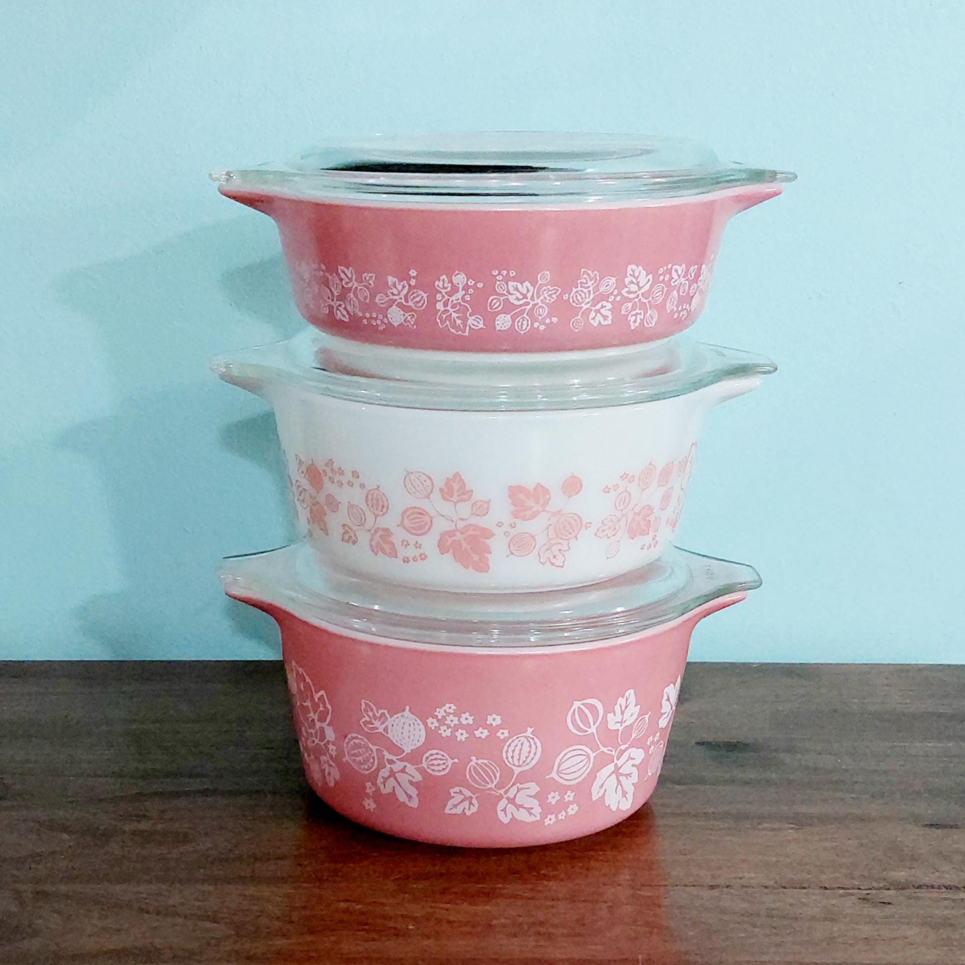 Gooseberry Pink Vintage Pyrex Round Casserole Dish Set 6 Pieces
