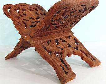 Vintage Midcentury Carved Wood Book Stand Book Holder, Ornate Carved Solid Wood