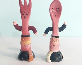 Vintage 1950's Anthropomorphic Fork & Spoon Salt and Pepper Shakers Japan