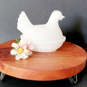 Vintage Milk Glass Hen on Nest, Chicken Decor Glass Container