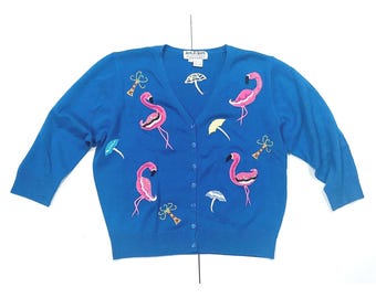 Vintage 1990s JACK B QuickCardigan V neck Sweater embroidered Pink Flamingos palm trees Petite Large