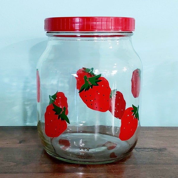 Vintage Strawberry Glass Jar with Red Screw on Lid