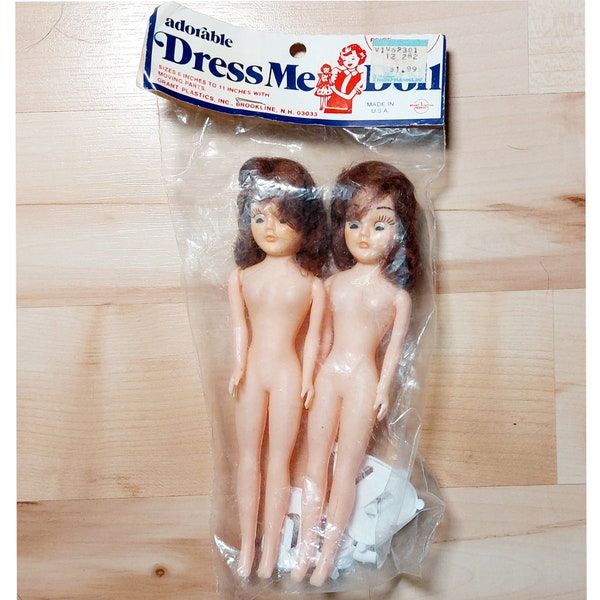 Vintage Moving Eye Dress Me Dolls 2 Pack, Brown Hair Shoes Stand Grant Plastic USA, 1960s NEW in package