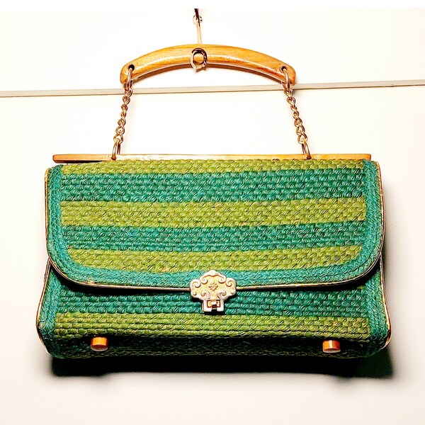 Vintage 1970s Teal & Green Stripe Natural Jute Twine Wood Hippie Mod Taiwan Purse